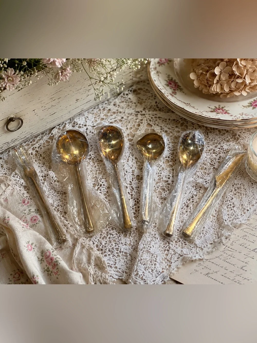 Vintage Thailand Gold Tone Serving Utensil Set 6 Pc Brass Flatware Spoons Fork